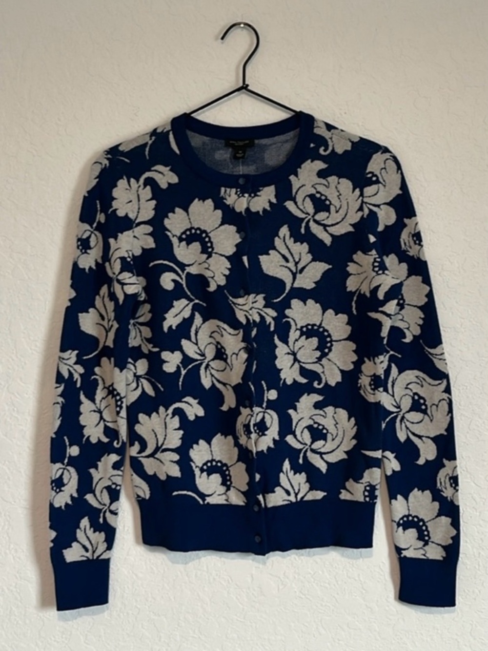 Ann Taylor Navy and Cream Floral Crewneck Cardigan